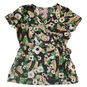 Kai Women’s Short Sleeve V-neck Floral Nurse Shirt size XS, Black Green Beige